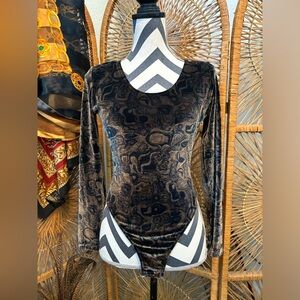 Vintage NWT 1980s Paolo Santini faux velvet scoop neck boho print bodysuit